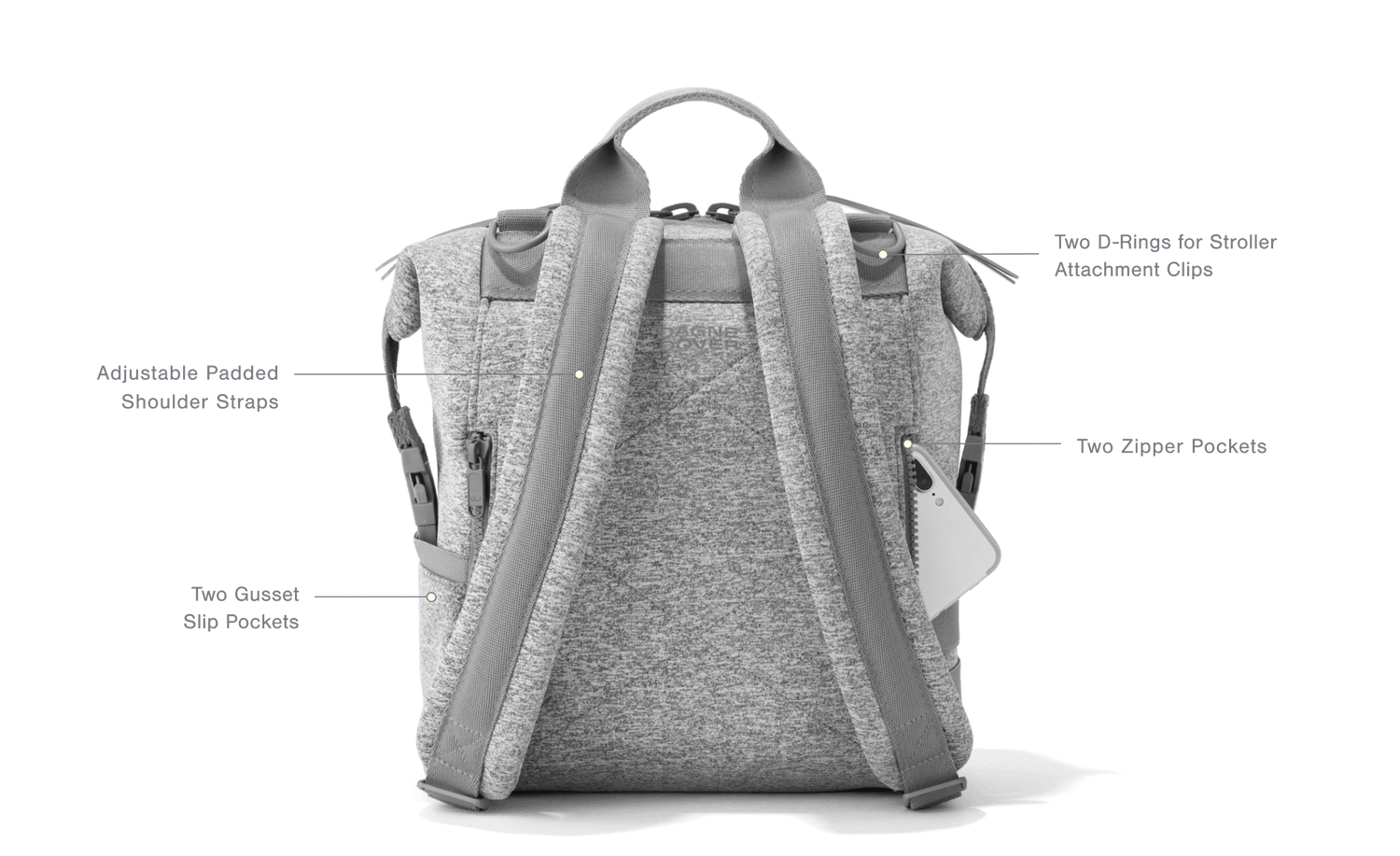 Back Features: Two D-Rings for Stroller Attachment Clips, Adjustable Padded, Shoulder Straps, Two Zipper Pockets, Two Gusset  Slip Pockets