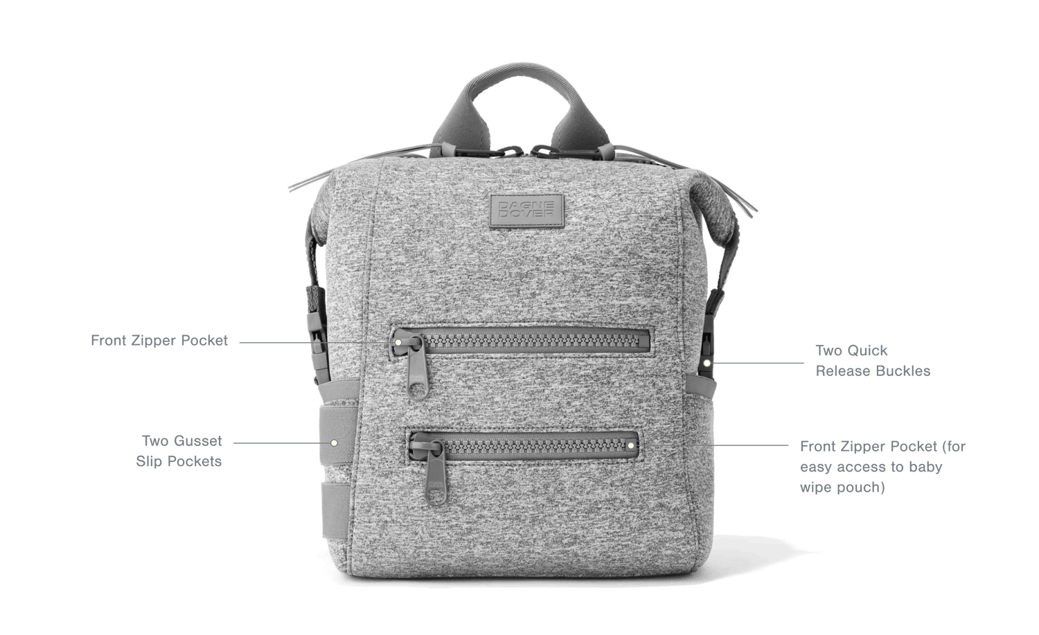 Front Features: Front Zipper Pocket, Two Quick Release Buckles, Two Gusset Slip Pockets, Front Zipper Pocket (for easy access to baby wipe pouch), 