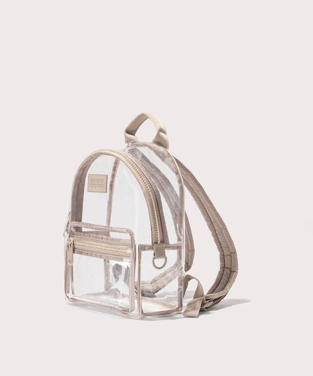 Clear backpack with beige straps and front pocket on a white background.Stadium compliant. 