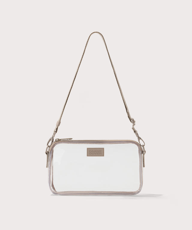 Clear crossbody bag with beige strap on a white background. Stadium compliant. 