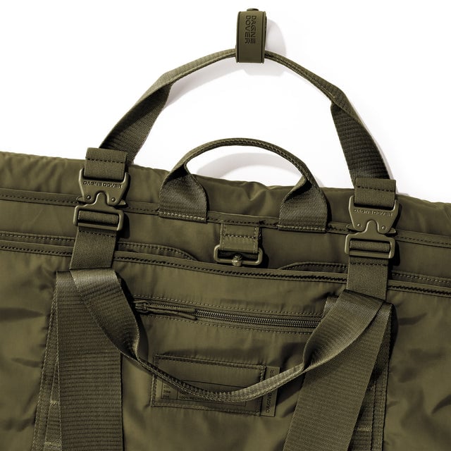 Detail shot of Capri garment bag in dark moss