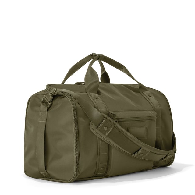 3/4 front view of Monaco garment duffle in dark moss