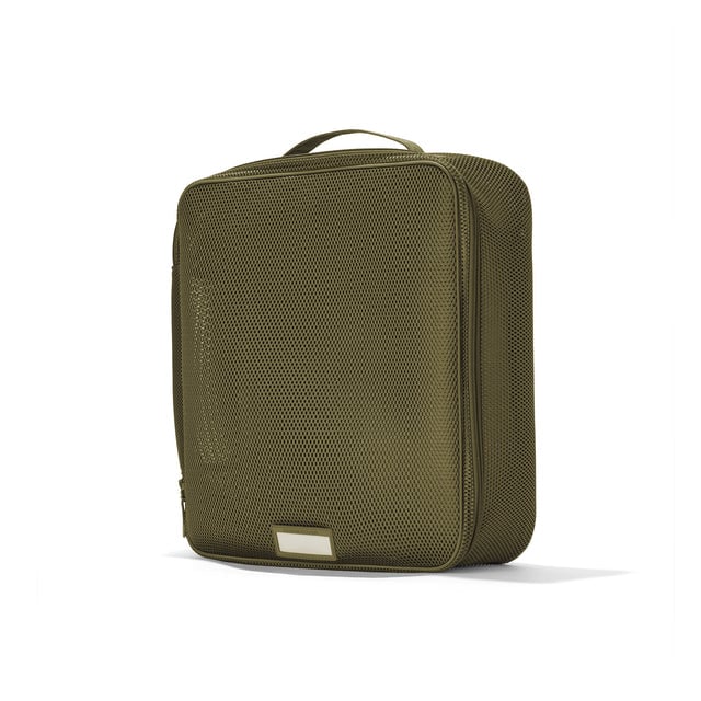 3/4 view of Extra Large Roma packing cube in dark moss