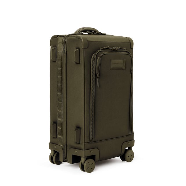 3/4 front view of Seattle carry-on rolling luggage 23.5” in dark moss showing side luggage feet