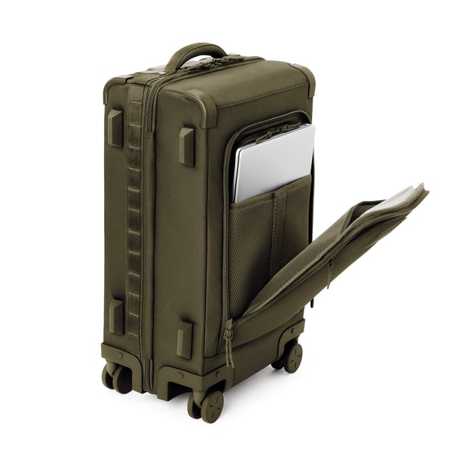 ¾ front view of Seattle carry-on rolling luggage 23.5” in dark moss with front flap opened. Caption: Interior slip pocket fits most 16