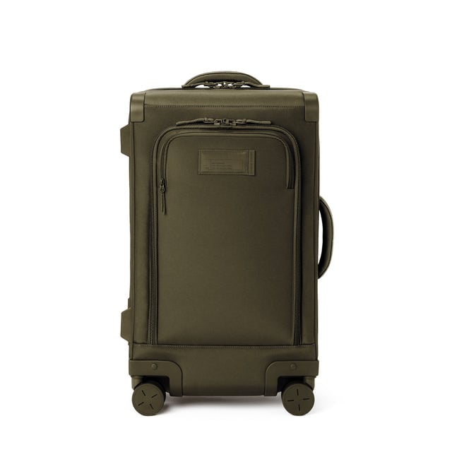 Front view of Seattle carry-on rolling luggage 23.5” in dark moss