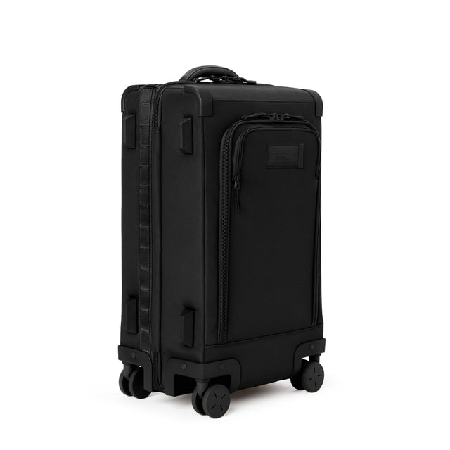 3/4 front view of Seattle carry-on rolling luggage 23.5” in onyx showing side luggage feet
