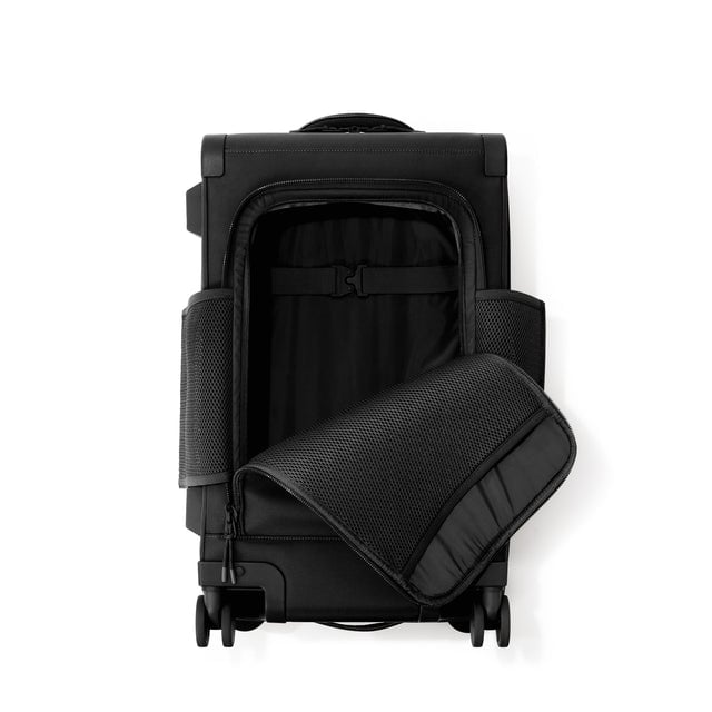 Top down of Seattle carry-on rolling luggage 23.5” in onyx with front flap opened. 