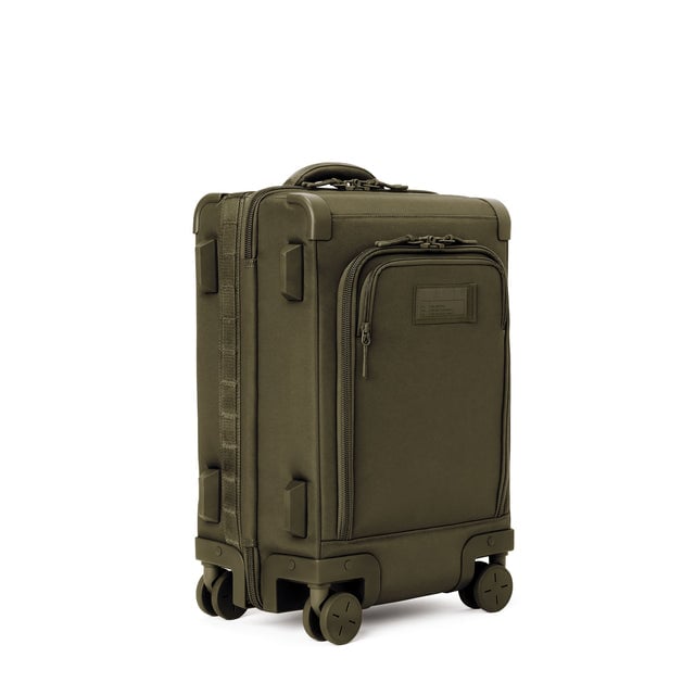 3/4 front view of Seattle carry-on rolling luggage 20.5” in dark moss showing side luggage feet