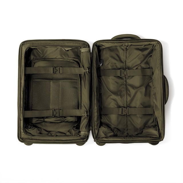 Top down of Seattle carry-on rolling luggage 20.5” in dark moss 