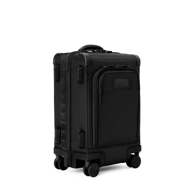 3/4 front view of Seattle carry-on rolling luggage 20.5” in onyx showing side luggage feet