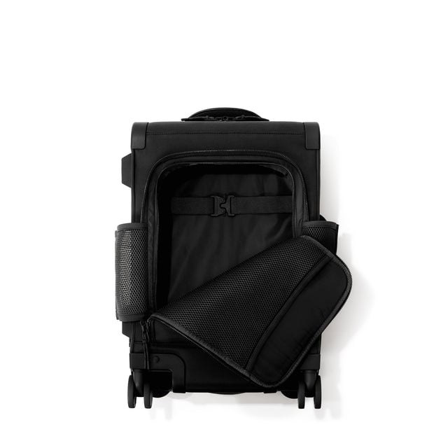 Top down of Seattle carry-on rolling luggage 20.5” in onyx with front flap opened. 