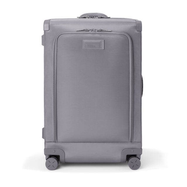 Front view of Sydney checked rolling luggage 28.5” in ash grey