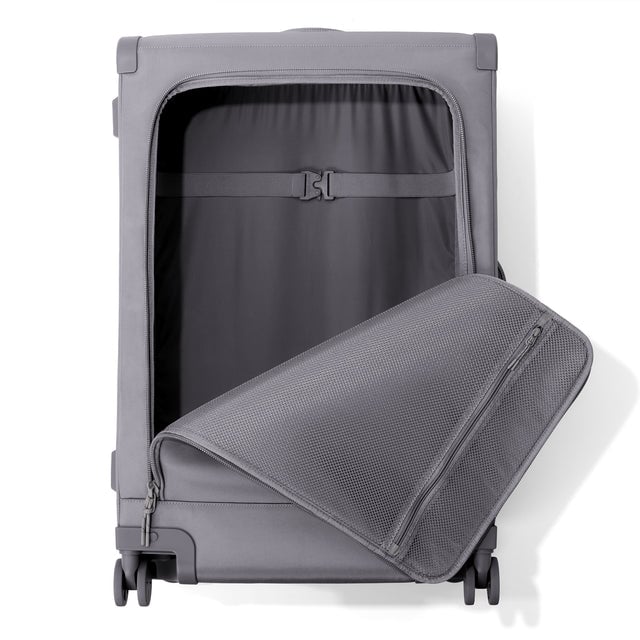 Front view of Sydney checked rolling luggage 28.5” in ash grey with front flap opened