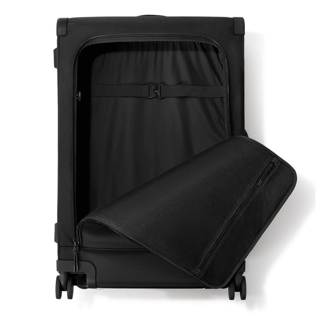 Front view of Sydney checked rolling luggage 28.5” in onyx with front flap opened