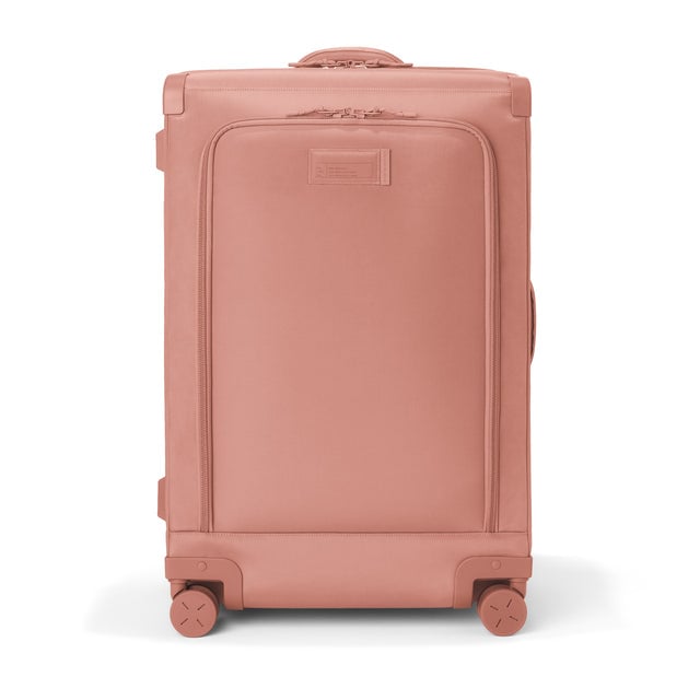 Front view of Sydney checked rolling luggage 28.5” in warm dust