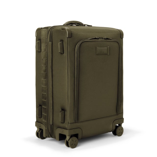 3/4 front view of Sydney checked rolling luggage 25” in dark moss showing side luggage feet