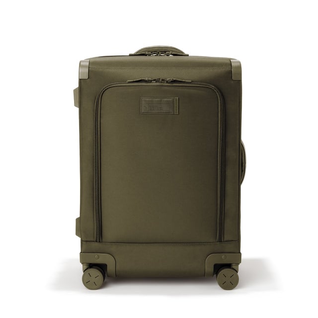 Front view of Sydney checked rolling luggage 25” in dark moss