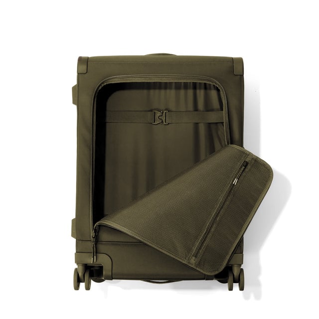 Front view of Sydney checked rolling luggage 25” in dark moss with front flap opened
