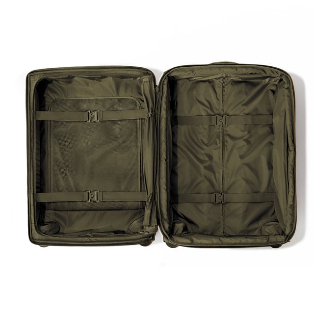 Top down of Sydney checked rolling luggage 25” in dark moss.