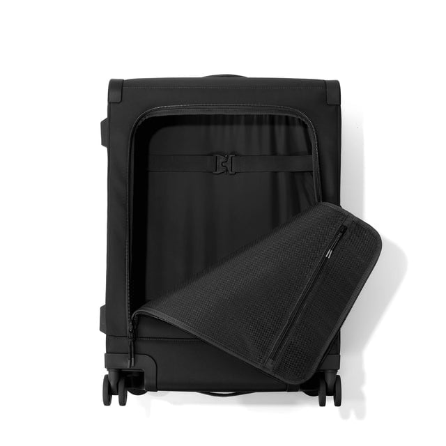 Front view of Sydney checked rolling luggage 25” in onyx with front flap opened