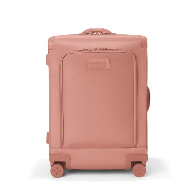 Front view of Sydney checked rolling luggage 25” in warm dust