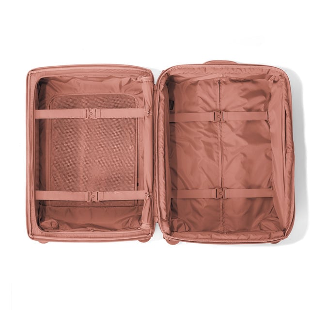 Top down of Sydney checked rolling luggage 25” in warm dust.