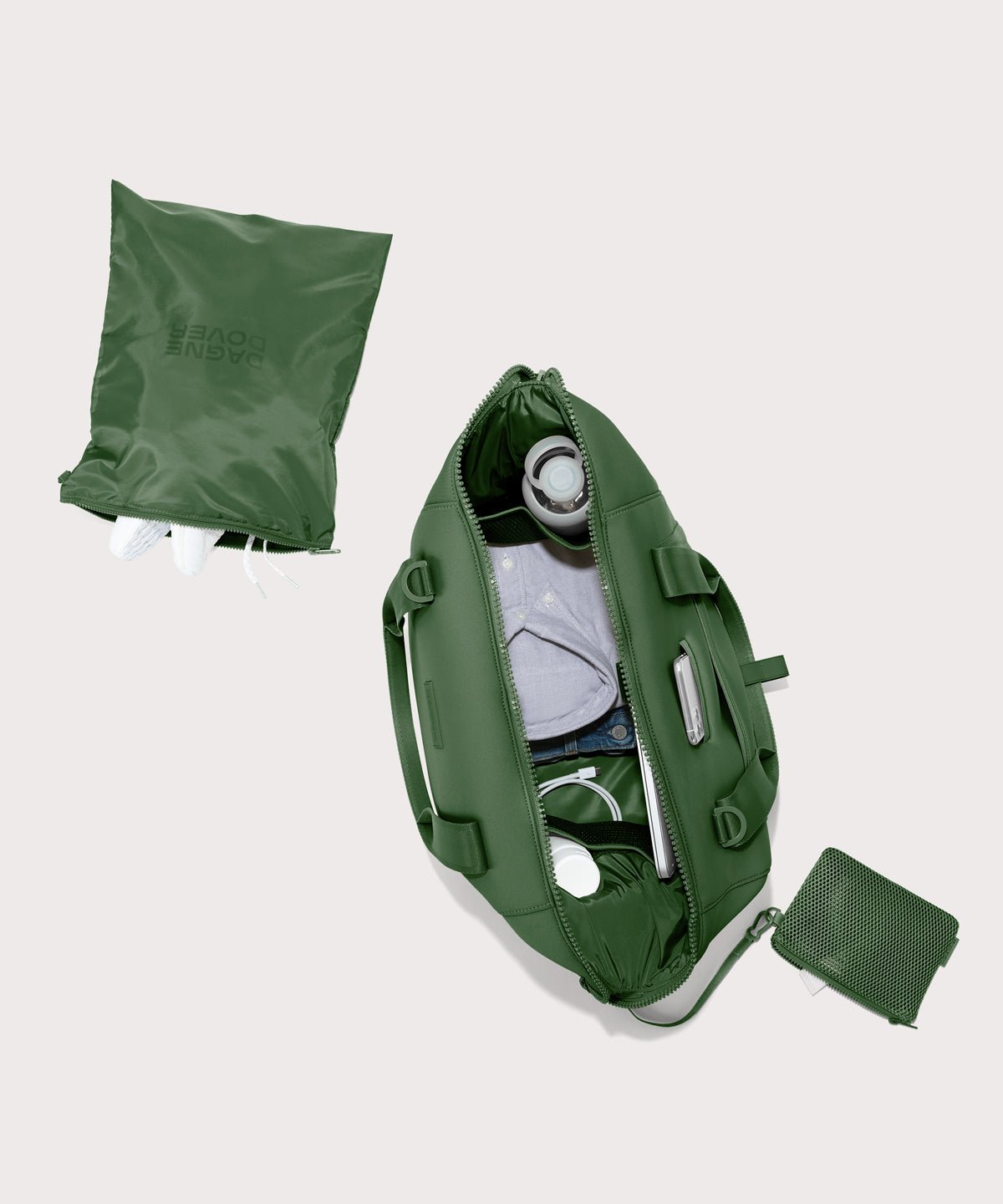 Large Landon Carryall in a rich, classic forest green unzipped, top down view