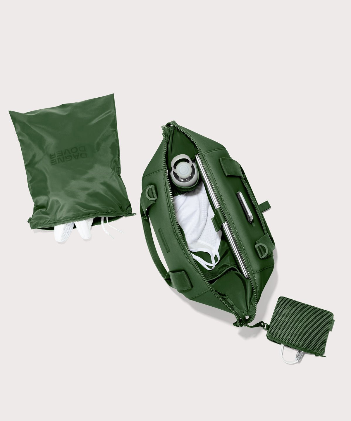 Large Landon Carryall in a rich, classic forest green. unzipped, top down view