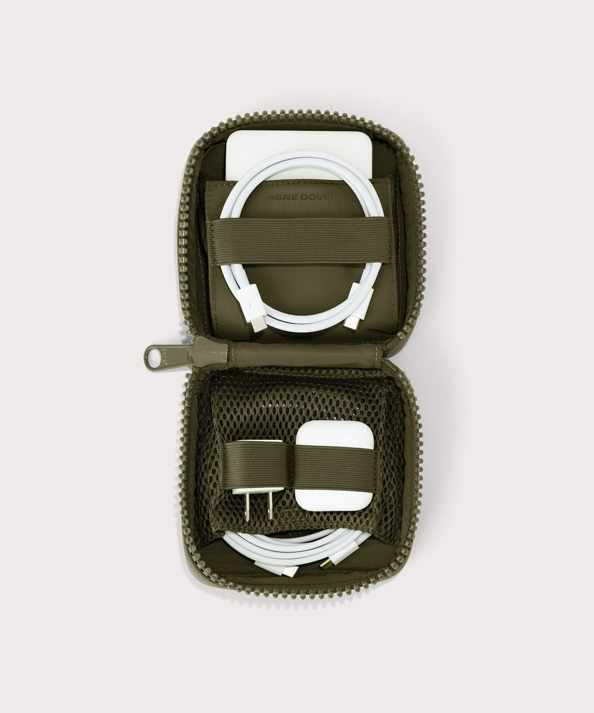 hover - Dagne Dover small Arlo Tech Organizer in dark green unzipped, revealing the interior elastic loops and airmesh pockets.