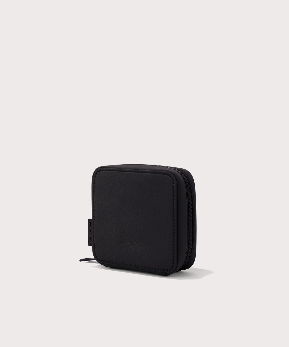 Dagne Dover small Arlo Tech Organizer in black seen from an angle.
