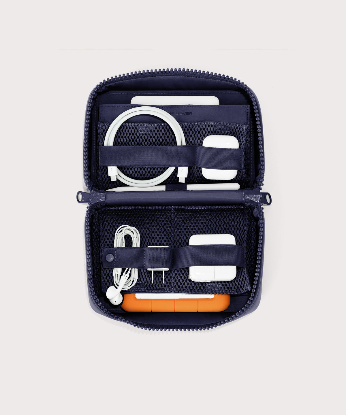 hover - Dagne Dover large Arlo Tech Organizer in dark blue unzipped, revealing the interior elastic loops and airmesh pockets.