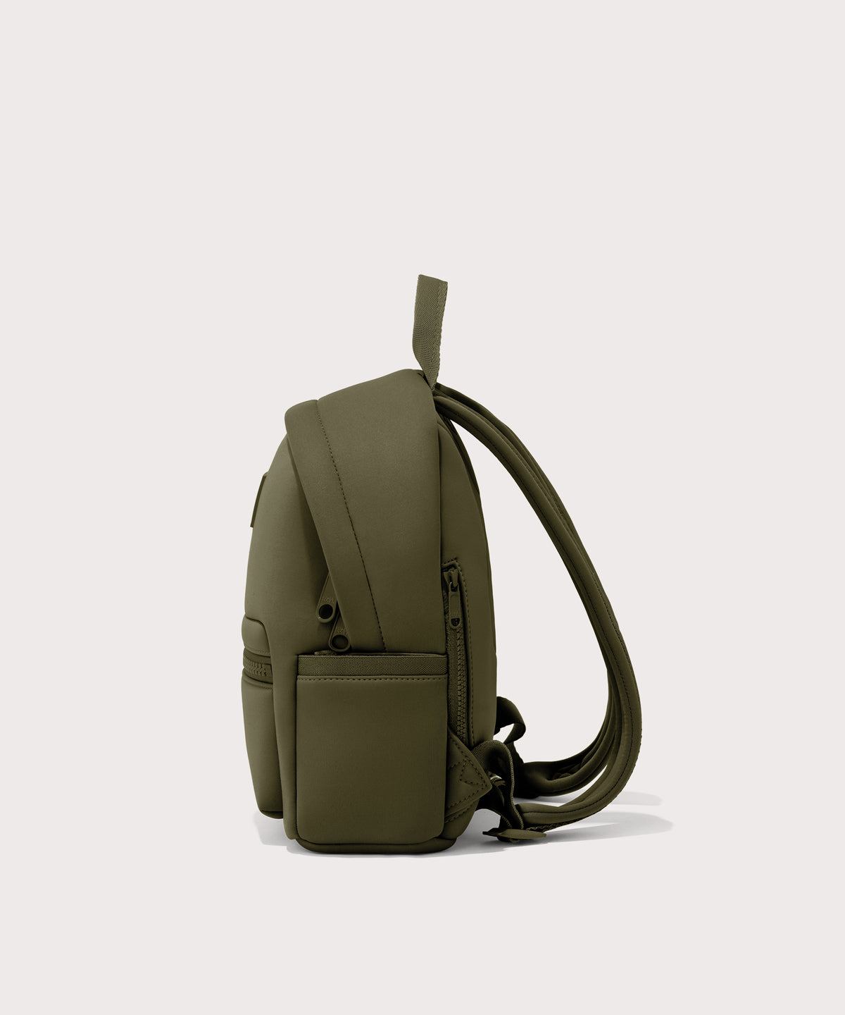 Dagne Dover small Dakota Neoprene Backpack in dark moss seen from the side.

