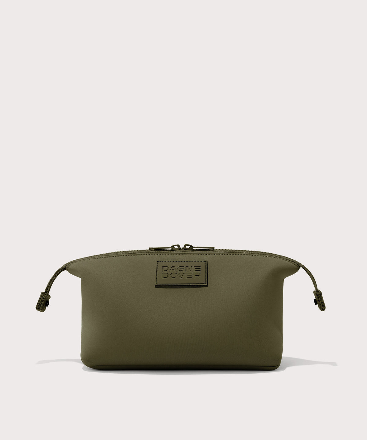 Dagne Dover Large Hunter Toiletry Bag in dark moss with sides unclipped.
