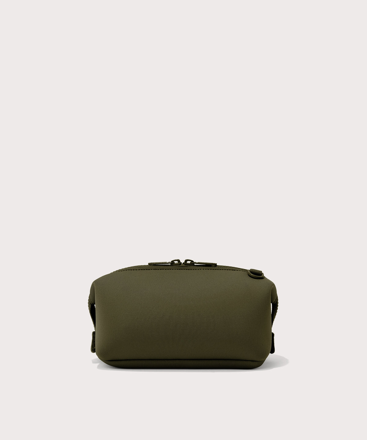 Dagne Dover Small Hunter Toiletry Bag in dark moss seen from the back.
