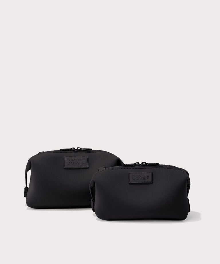Dagne Dover Small and Large Hunter Toiletry Bags in black.
