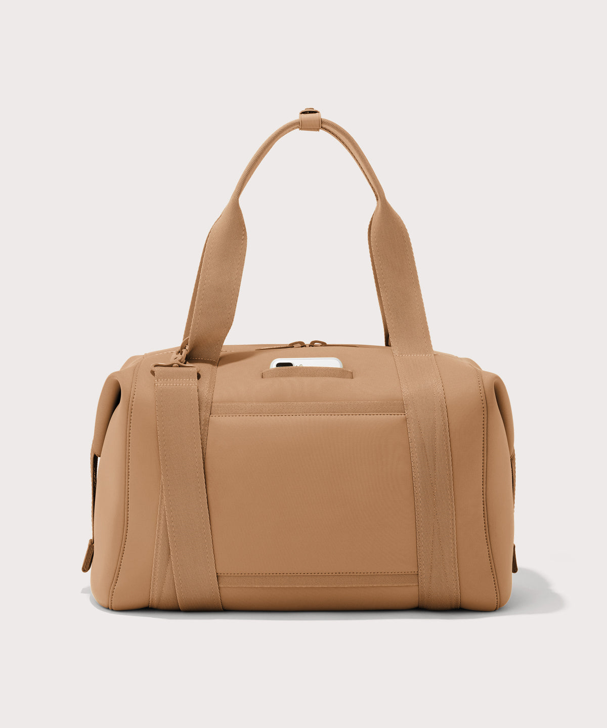 Large Landon Carryall in brown camel, displaying an exterior phone pocket

