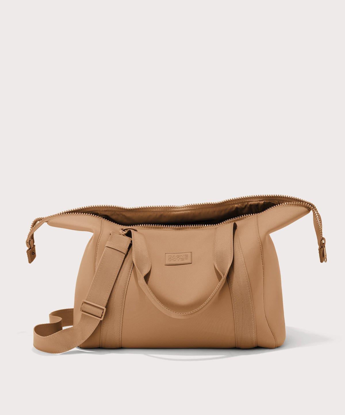Large Landon Carryall in brown camel unzipped
