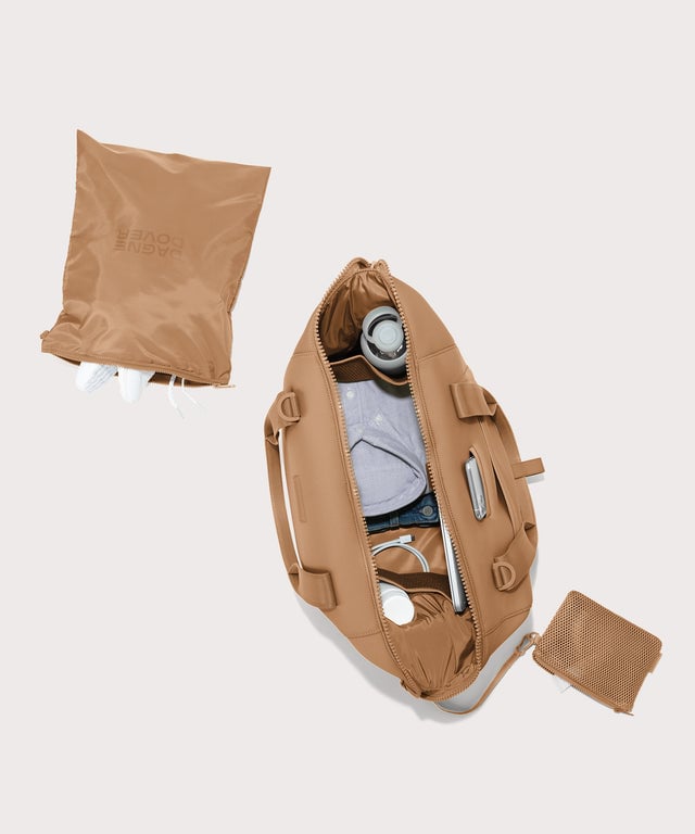 Large Landon Carryall in brown camel unzipped, top down view