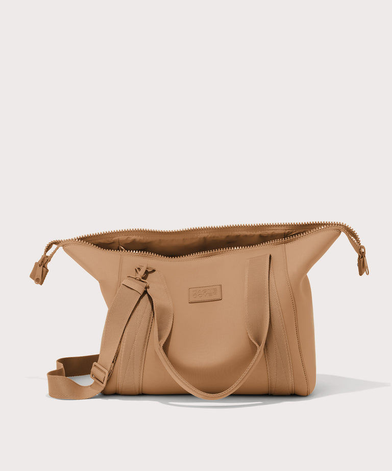 Large Landon Carryall in brown camel unzipped
