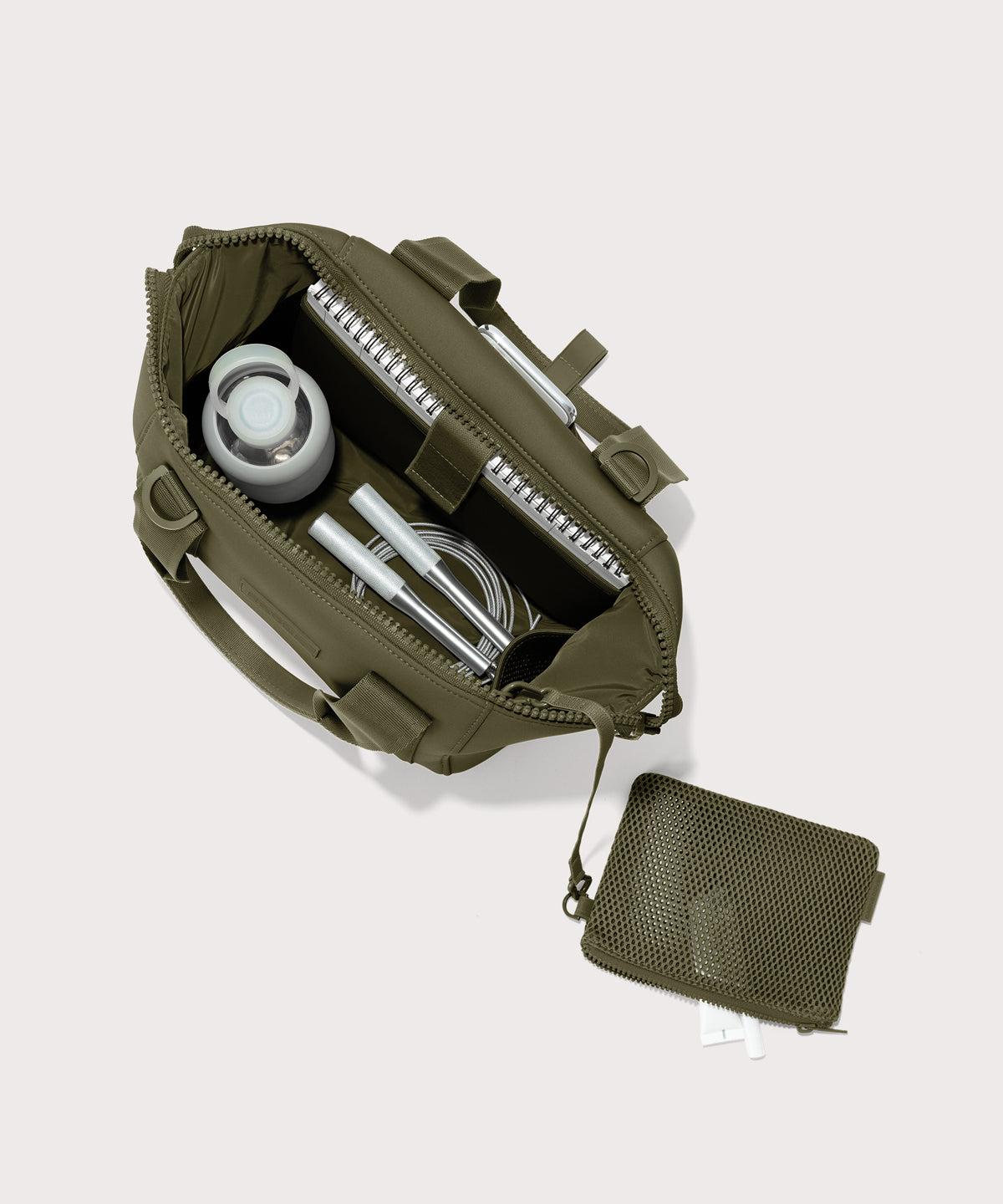 small Landon Carryall in dark green unzipped, top down view