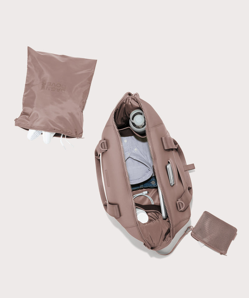 Large Landon Carryall in pink unzipped, top down view