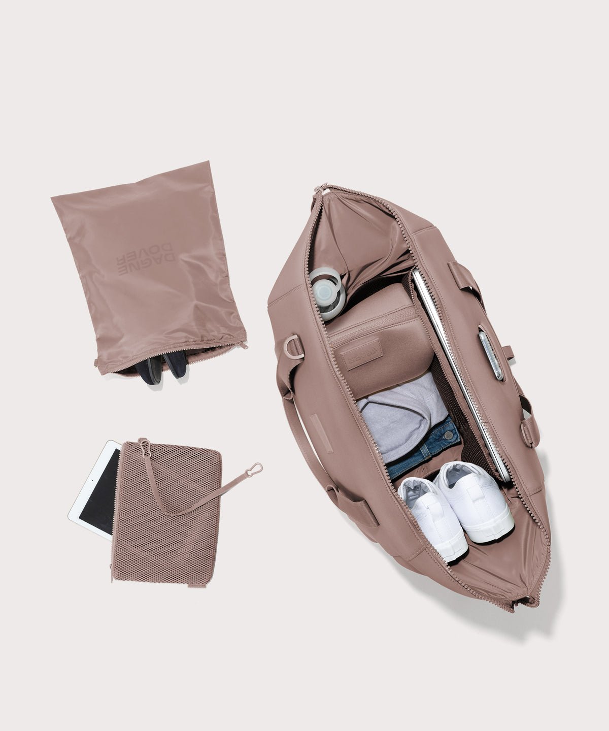 Extra large Landon Carryall in pink unzipped, top down view. 