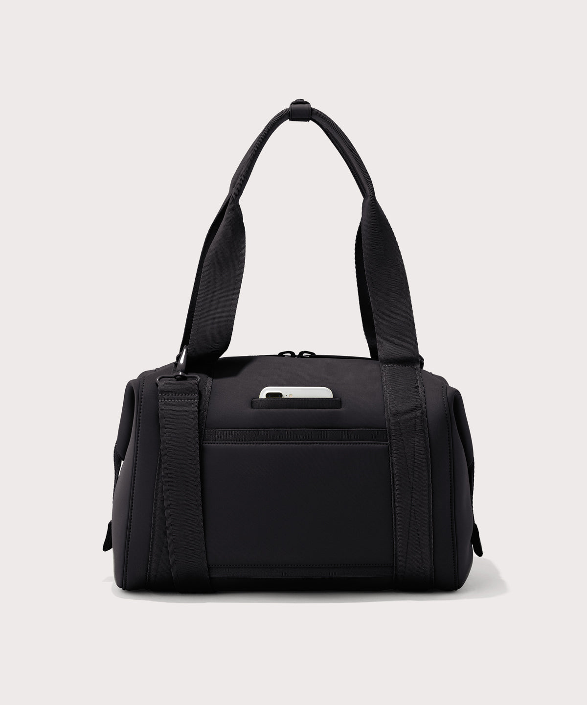 Large Landon Carryall in black, displaying an exterior phone pocket
