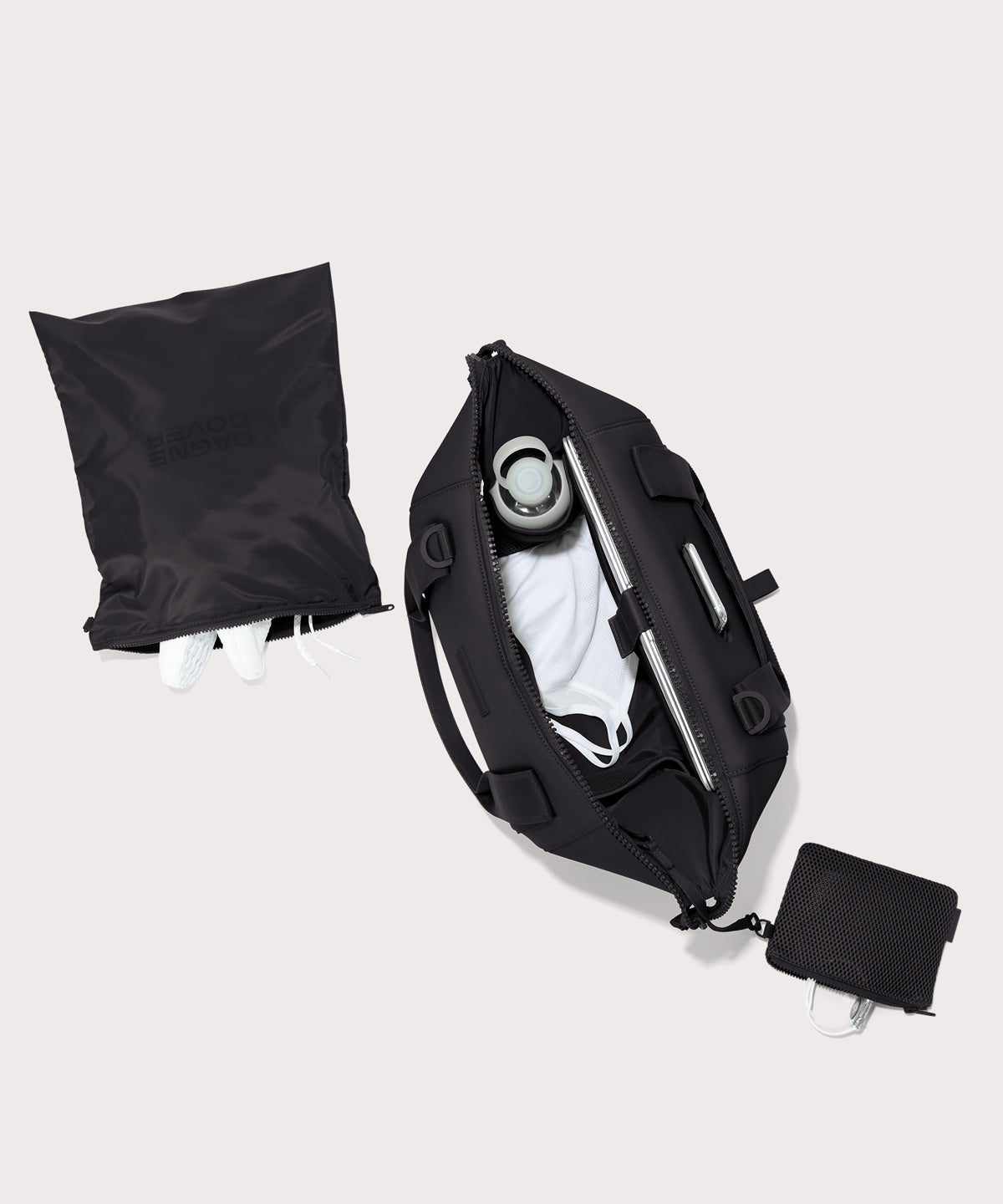 Large Landon Carryall in black unzipped, top down view