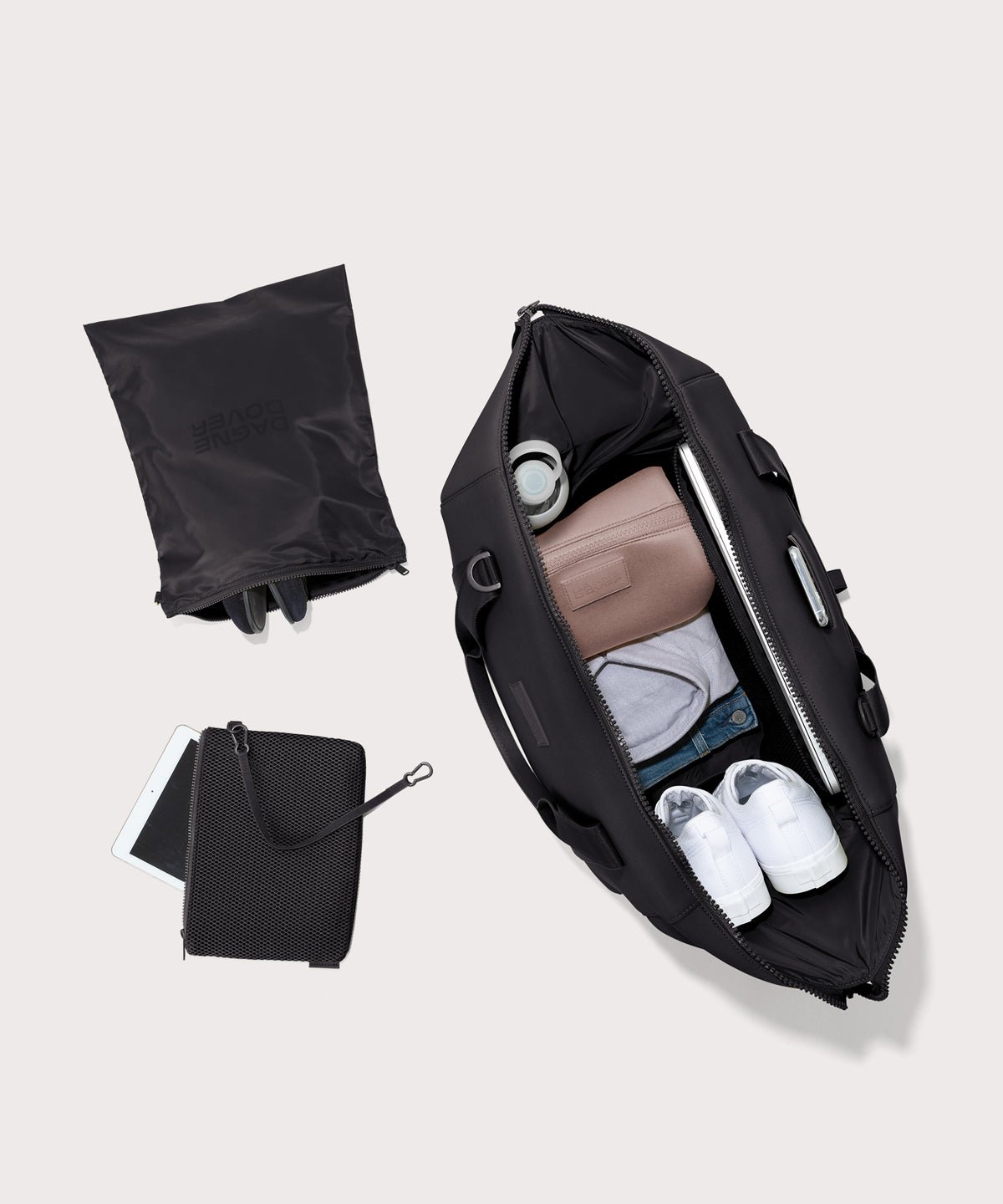Extra large Landon Carryall in black unzipped, top down view. 
