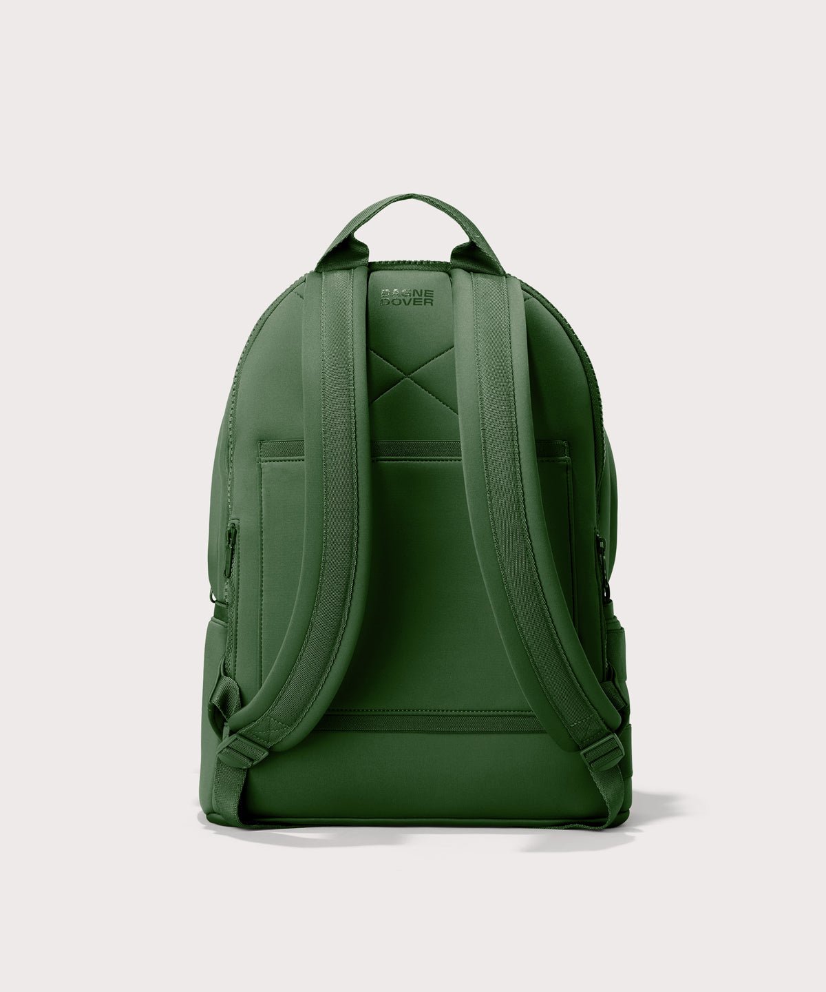 Dagne Dover large Dakota Neoprene Backpack in a rich, classic forest green seen from the back.
