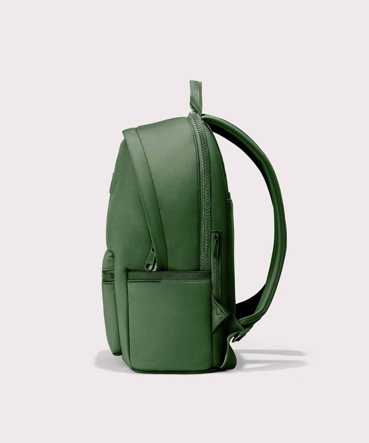 Dagne Dover large Dakota Neoprene Backpack in a rich, classic forest green seen from the side.
