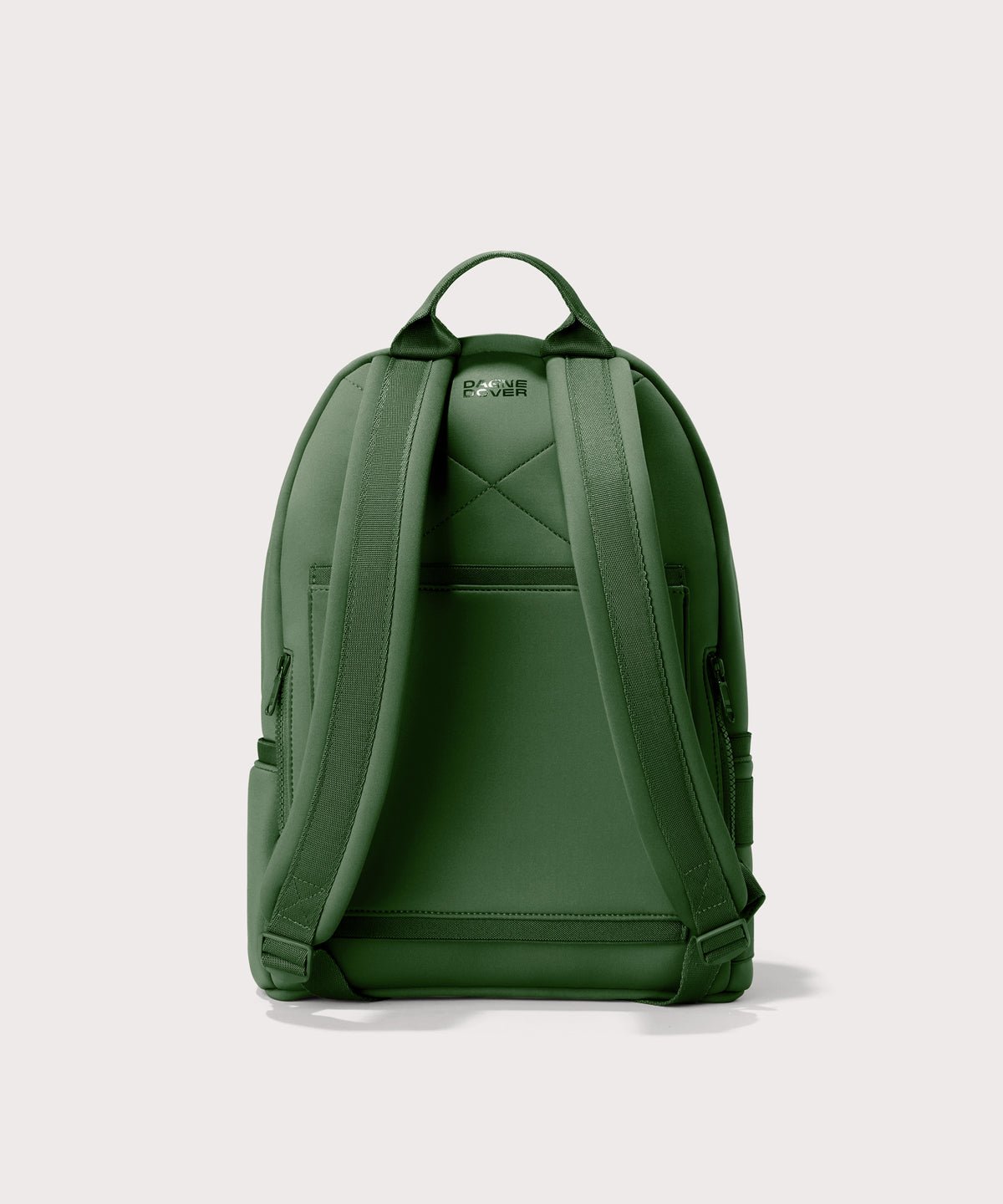 Dagne Dover medium Dakota Neoprene Backpack in a rich, classic forest green seen from the back.
