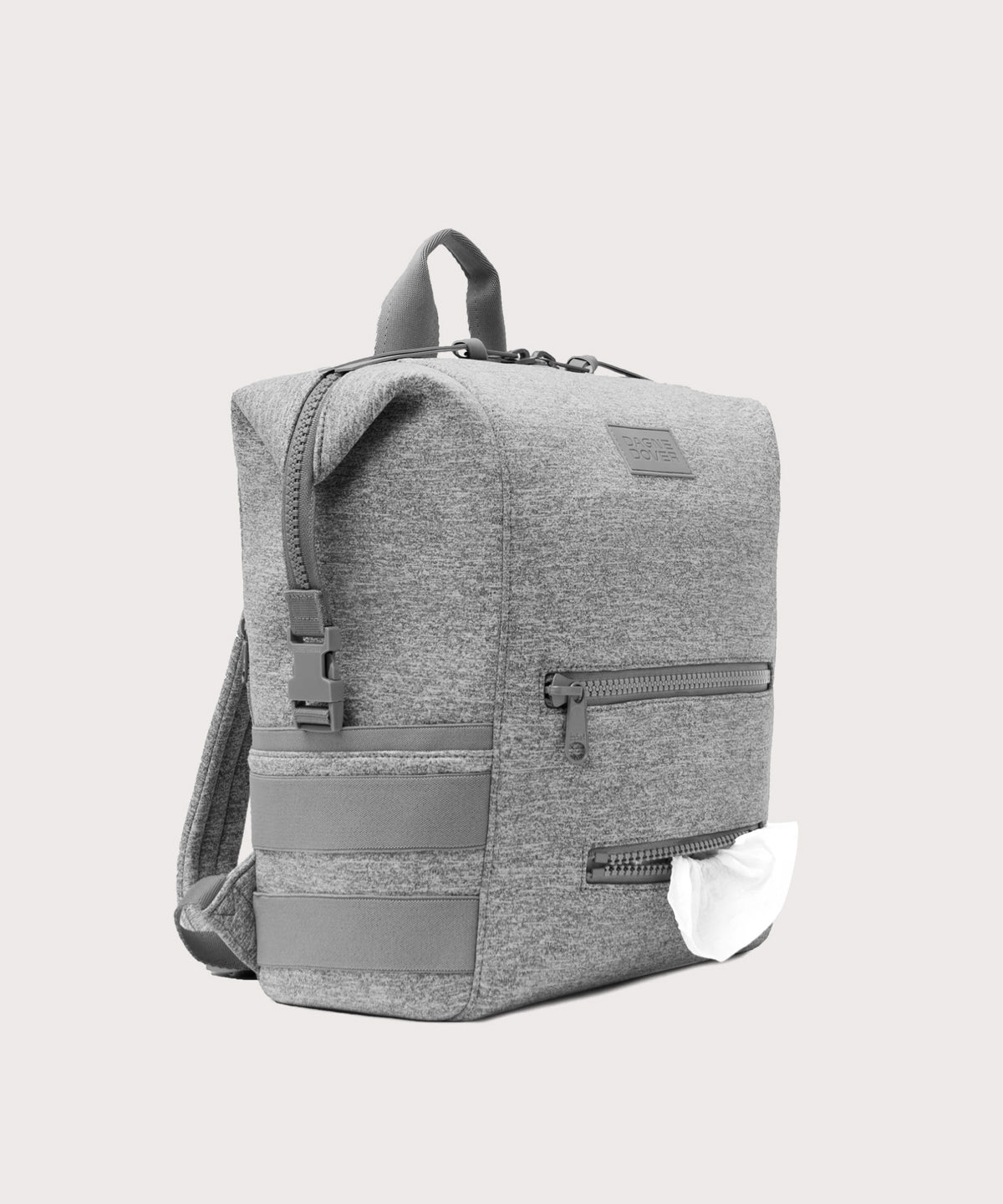 Dagne Dover Large Indi Diaper Backpack in grey showing the zipper opening for easy access wipes.
